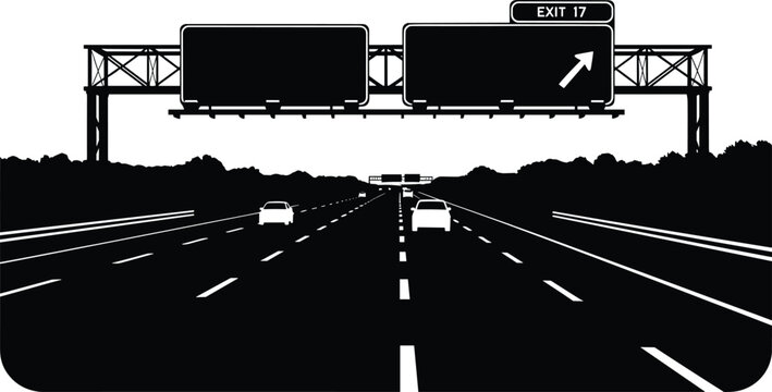 Black and white highway with exit sign and cars road, highway, road, traffic, cars, exit, sign, transportation, travel, journey, speed, asphalt, lanes, white lines, black and white, silhouette, overhe