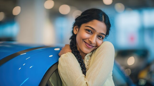 Smiling Woman Embracing Blue Car in Dealership Setting