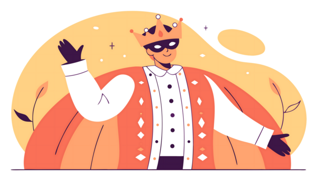 Man in a crown and mask, wearing a cape, posing with hands up high