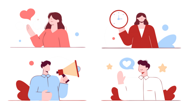 Set of four illustrations of people expressing different emotions and actions