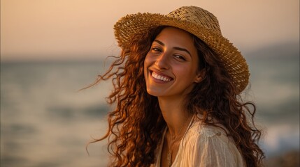 Joyful Woman in Straw Hat Smiling on Beach at Sunset