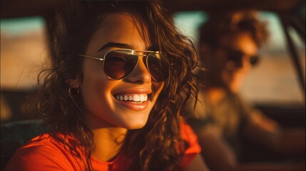 Young Woman in Sunglasses Enjoying a Road Trip in Desert Sunlight