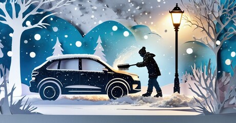 Winter scene depicts person clearing snow from vehicle near lamp post. Paper cut style illustration, serene, cold atmosphere.