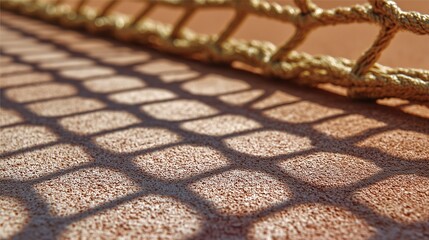 Shadow patterns created by a tennis net on a clay court in bright sunlight