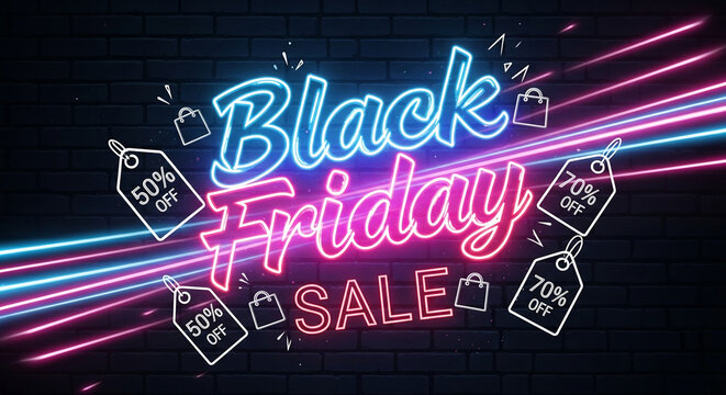 Neon sign on brick wall showing "Black Friday Sale" with shopping bag icons and percentages off, representing commerce and promotional discount event