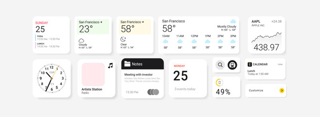 Clean iOS-style widget dashboard with weather, calendar, stock, notes, clock, and radio UI blocks. Minimalist white background and light neumorphic card layout for mobile productivity preview.