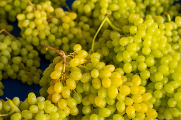 Assorted grape varieties displayed at market stall. Bunches of red and green grapes at produce stall. Organic mixed grapes on traditional market counter.