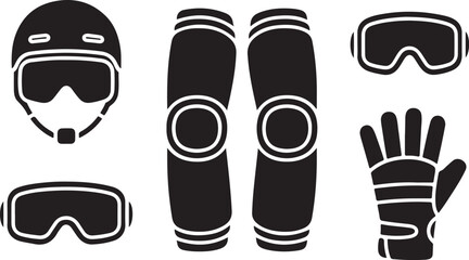 Snowboarding Safety Gear Icons Black Silhouette equipment