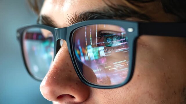 Close-up of a person wearing glasses with code reflections, technology concept.