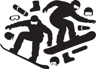 Snowboarder Silhouettes and Gear on White Background