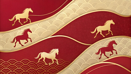 Elegant repeating horse silhouettes in gold with subtle red gradient background, luxury design.