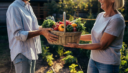 Couple sharing a basket of fresh vegetables from a garden.