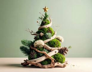 Minimalist Christmas tree with moss, driftwood, pinecones, and natural ornaments