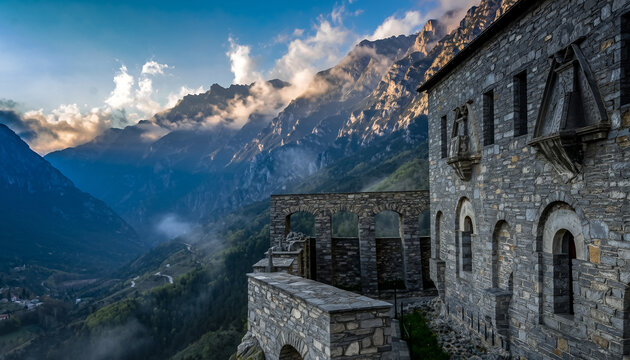 Stone building on a cliff overlooking a misty mountain valley.
