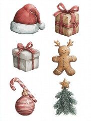 Set of 6 gouache Christmas illustrations: Santa hat, reindeer, gift, gingerbread man, candy cane, ornament, muted tones on white background