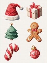 Set of 6 gouache Christmas illustrations: Santa hat, reindeer, gift, gingerbread man, candy cane, ornament, muted tones on white background