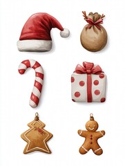 Set of 6 gouache Christmas illustrations: Santa hat, reindeer, gift, gingerbread man, candy cane, ornament, muted tones on white background