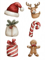 Set of 6 gouache Christmas illustrations: Santa hat, reindeer, gift, gingerbread man, candy cane, ornament, muted tones on white background