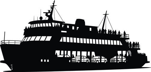 Black silhouette of a car ferry with passengers and vehicles, ferry, boat, ship, transportation, vehicle, car, passenger, silhouette, black and white, water transport, travel, journey, maritime, nauti