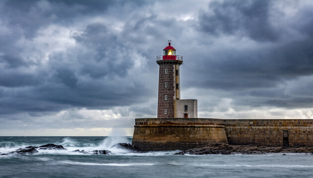 Lighthouse on a stone pier with stormy seas and clouds.