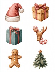 Set of 6 gouache Christmas illustrations: Santa hat, reindeer, gift, gingerbread man, candy cane, ornament, muted tones on white background