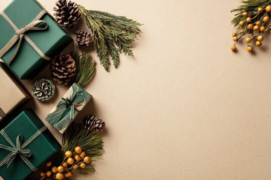 Decorative holiday presents and natural elements frame a plain background surface