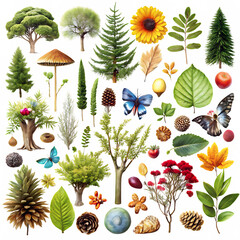 Vintage botanical collage elements set on a isolated white background. PNG