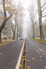 Storytelling image of Chisinau city in the Republic of Moldova on a calm autumn morning, wrapped in fog and warm sunrise light highlighting the charm of the capital.