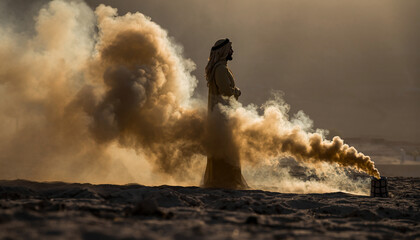 Person in traditional clothing standing in smoke on a beach.