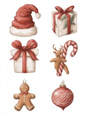 Set of 6 gouache Christmas illustrations: Santa hat, reindeer, gift, gingerbread man, candy cane, ornament, muted tones on white background