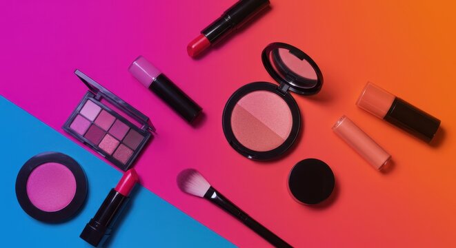 Bright makeup assortment with lipsticks and palettes under colorful lighting setup - Powered by Adobe