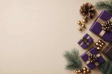 Assortment of luxurious purple holiday gift boxes and natural decorations arranged diagonally on a neutral background