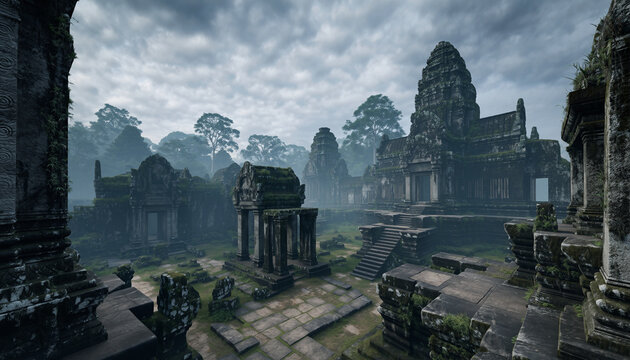 Ancient stone temple ruins overgrown with moss in a misty jungle.
