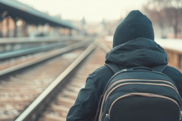 Journey's Beginning: A solitary figure, poised on the brink of departure, stands before a vast expanse of railway tracks, conveying a sense of anticipation.