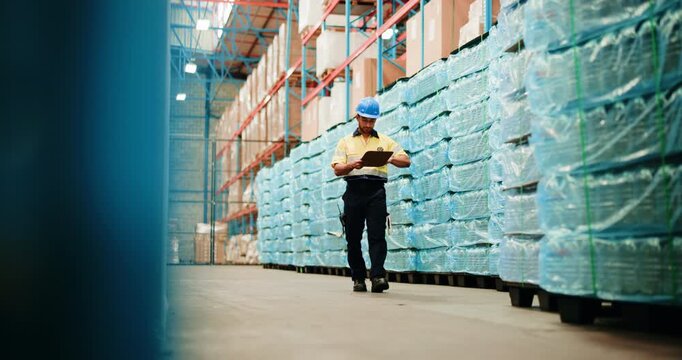 Warehouse, logistics or man with clipboard for storage inspection, export process or transport schedule. Checklist, stock control or worker with inventory management, shipping agenda or supply chain