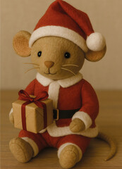 S&uuml;&szlig;e Stoffmaus im Weihnachtsmann-Outfit mit Geschenk in den H&auml;nden. Liebevolles, festliches Motiv mit warmen Farben &ndash; ideal f&uuml;r Winter-, Feiertags- und Weihnachtsdesigns.