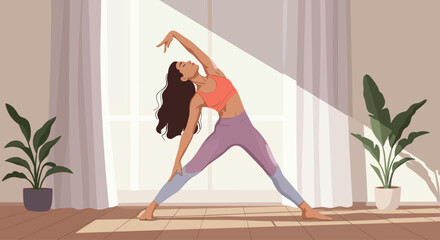 Beautiful Latin Woman Doing Yoga Extended Triangle Pose in Sunny Room