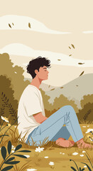 Young Man Meditating Outdoors in a Natural Field