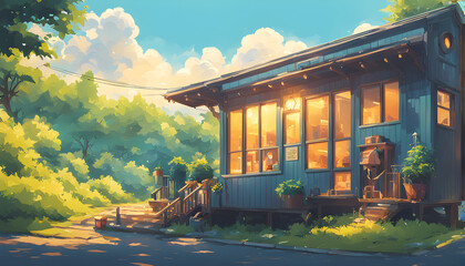 Cozy blue cabin with warm light surrounded by lush greenery  