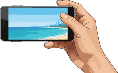 Hand Holding Smartphone Capturing Beach and City Skyline Photo