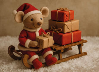 S&uuml;&szlig;e Stoffmaus im Weihnachtsmann-Outfit sitzt auf einem Holzschlitten voller Geschenke. Festliches, warmes Motiv mit winterlicher Stimmung &ndash; ideal f&uuml;r Weihnachts- und Feiertagsdesigns.