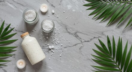 Green tropical leaves with natural skincare items for clean beauty concept