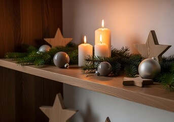 Minimal Christmas decoration on wooden shelf