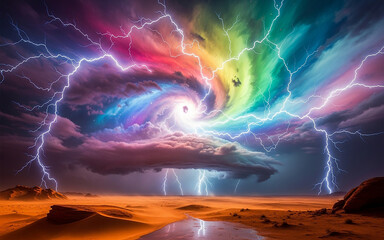 Naklejka premium Celestial Storm: A breathtaking depiction of a vibrant celestial storm, where nature's raw power is artistically presented through swirling colors, luminous lightning.