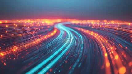 Light transmission curves optical fiber streaming pathways abstract light trails long exposure flowing cyan orange ribbons dynamic perspective bokeh technology visualization