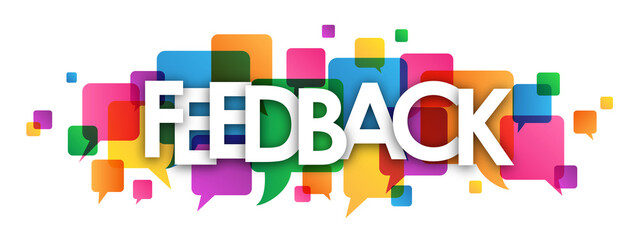 FEEDBACK colorful typography banner with speech bubble icons on transparent background