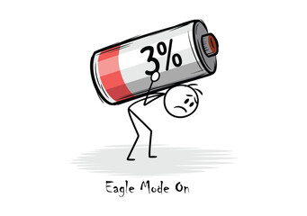 Stick figure struggling under heavy battery power low.
