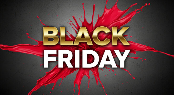 Image with bold golden and white text "Black Friday" over a splash of red paint on a gray cracked background, symbolizing sale and promotion
