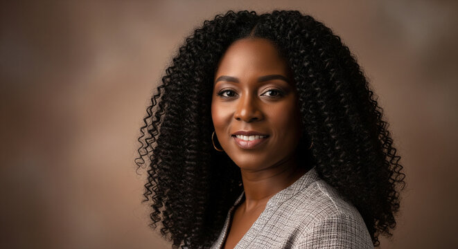 Confident Black Woman with Curly Hair Smiling for Professional Portrait