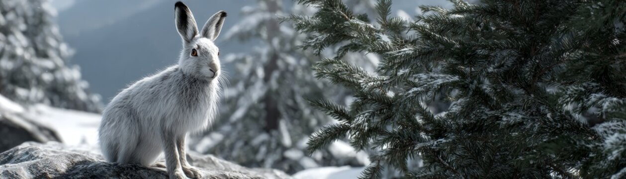 White hare rests alertly upon a rocky outcrop amidst a cold, snowy forest landscape